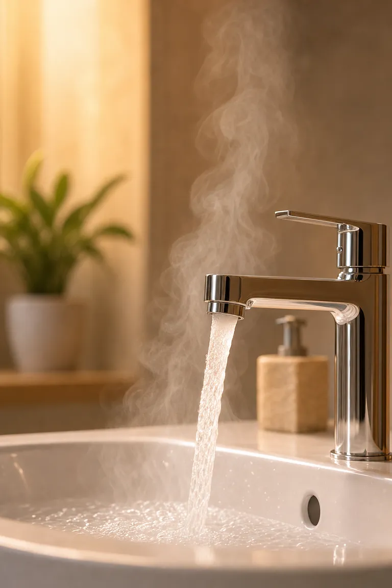 Eau chaude qui coule d'un mitigeur, vapeur au-dessus du lavabo