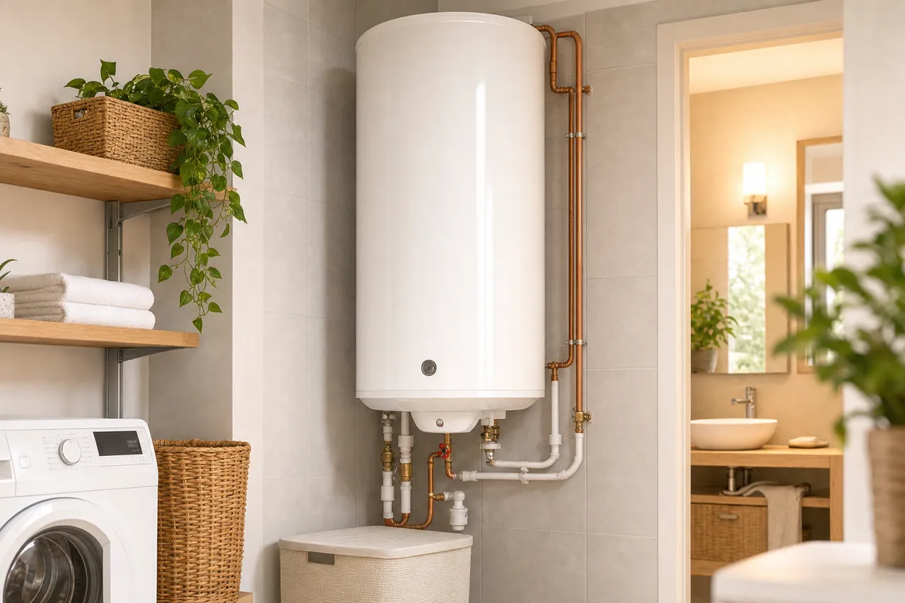 Chauffe-eau électrique installé dans une salle de bains, raccordements cuivre et groupe de sécurité